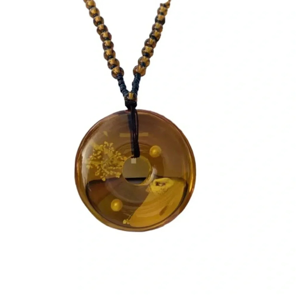 Amber Beeswax Resin Pendant Necklace Beaded Chain - Picture 4 of 4